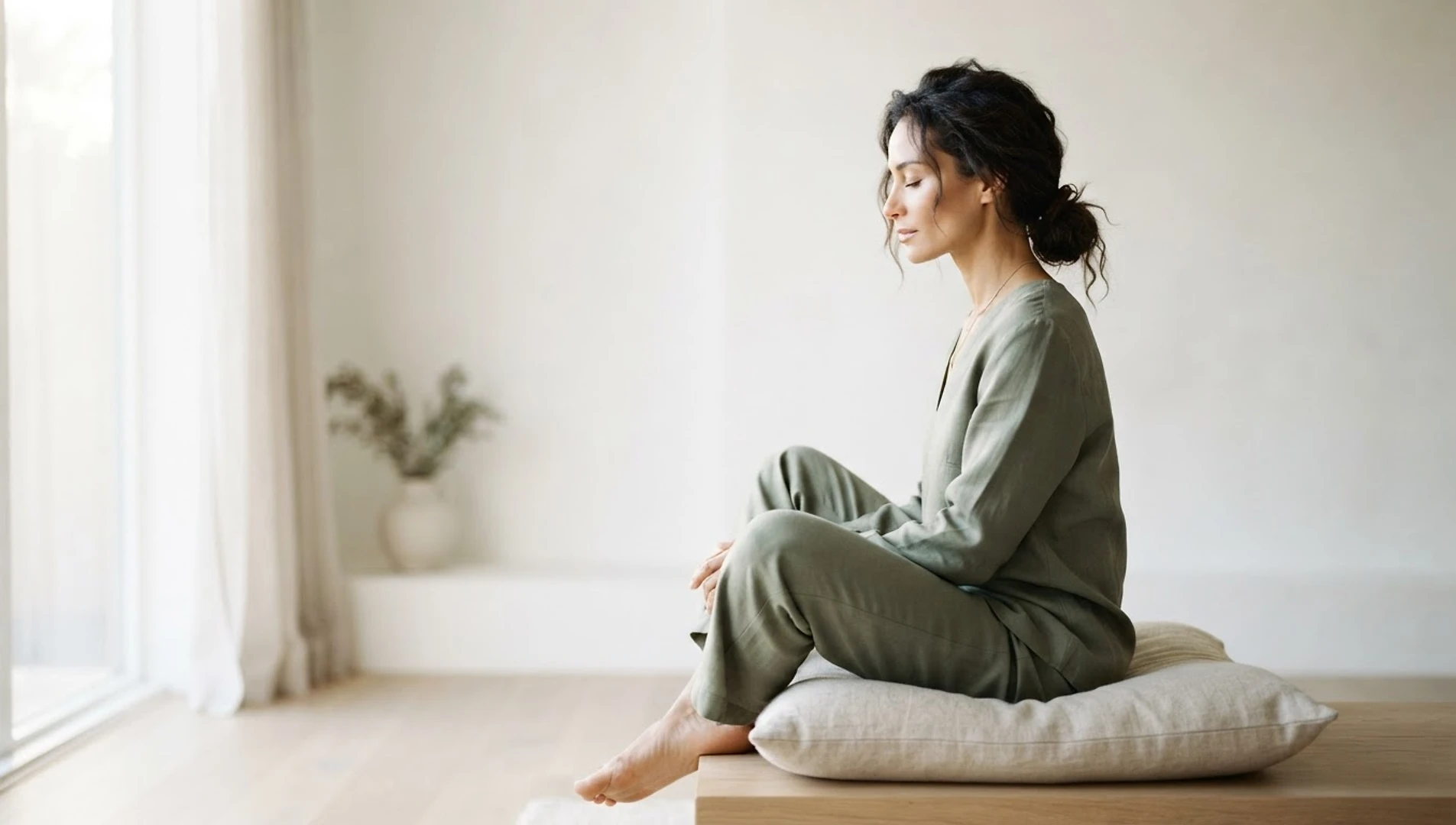 Uma mulher serena de perfil com os olhos fechados em estado de stillness absoluto, banhada por luz suave