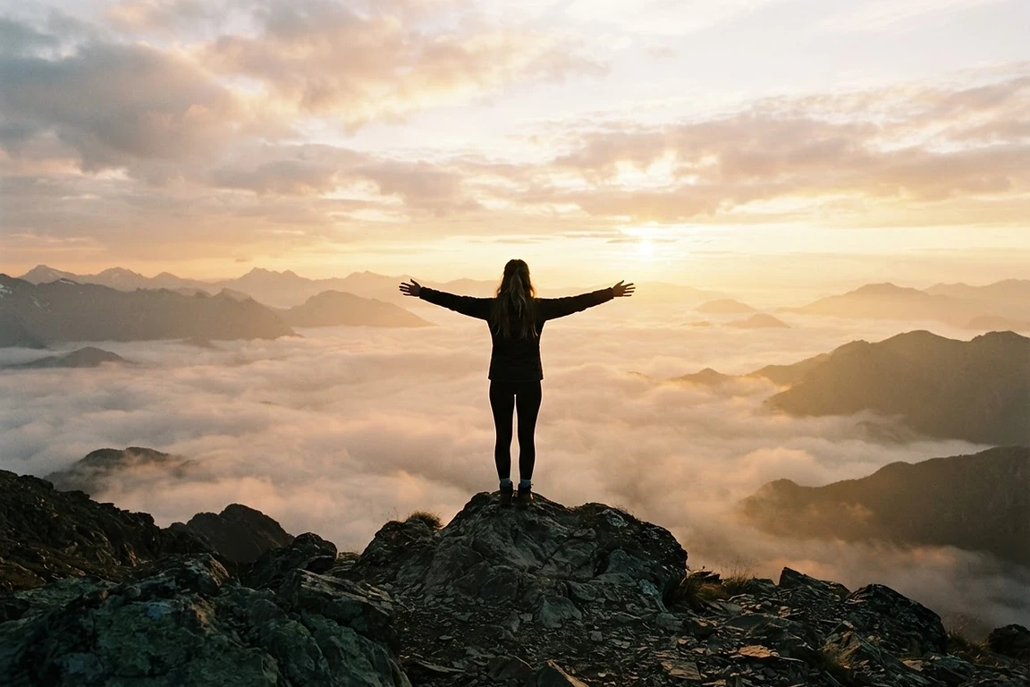 Silhueta de uma pessoa no pico de uma montanha ao amanhecer, representando liberdade, leveza e o estado de flow