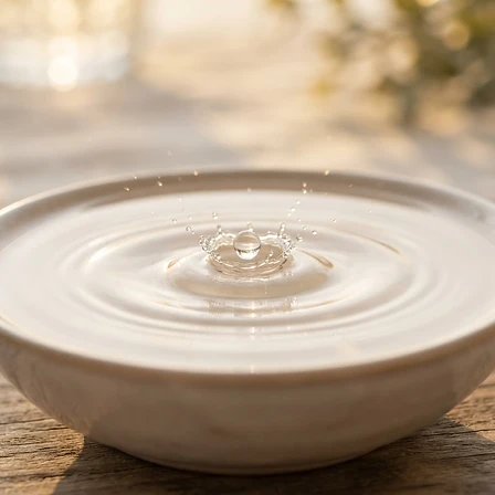 Uma gota d'água tocando uma superfície calma, criando ondulações suaves — representando o início do alívio