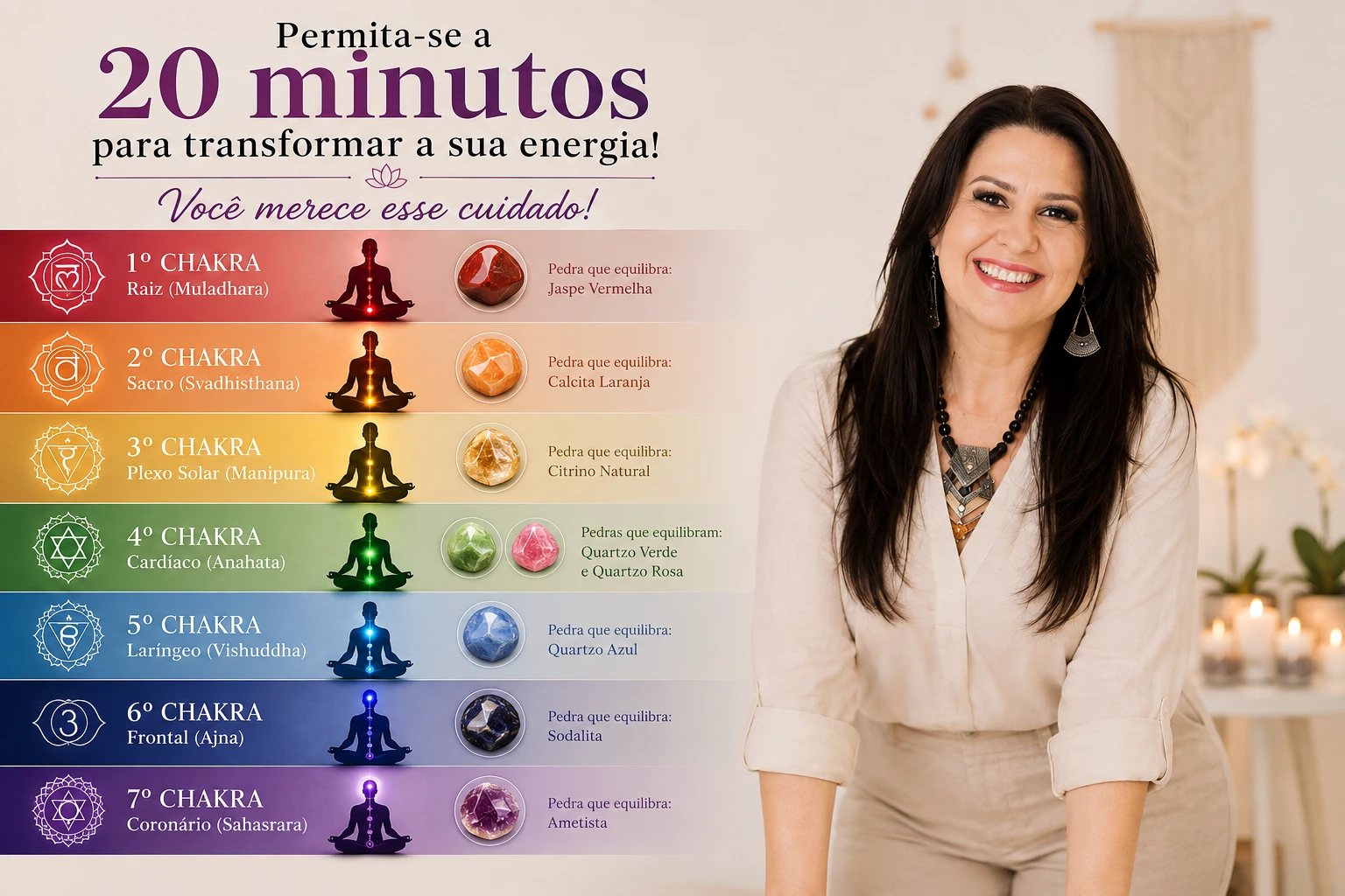 Arte da Terapeuta Bianca: os sete chakras, cada um com o seu yantra, a sua cor e o seu cristal, e ela ao lado